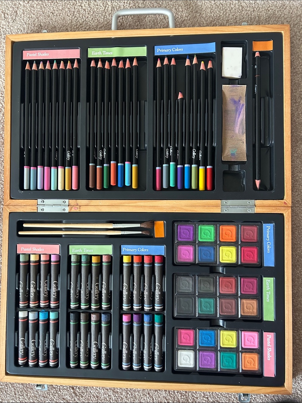 Gallery Wooden Art Set Colored Pencils Pastels Watercolors Carrying Case